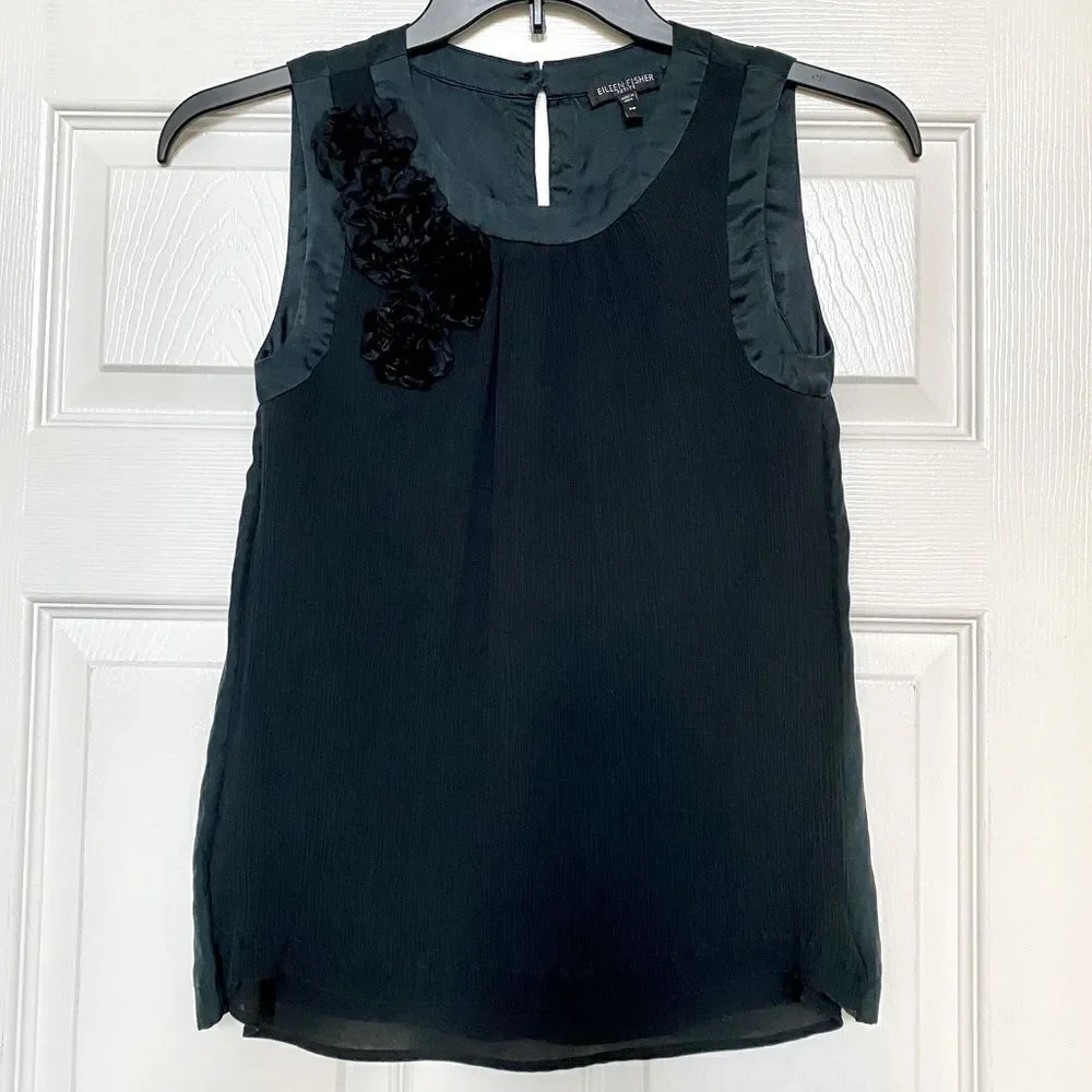 Eileen Fisher Black Sleeveless Silk Tank Top, Size SP